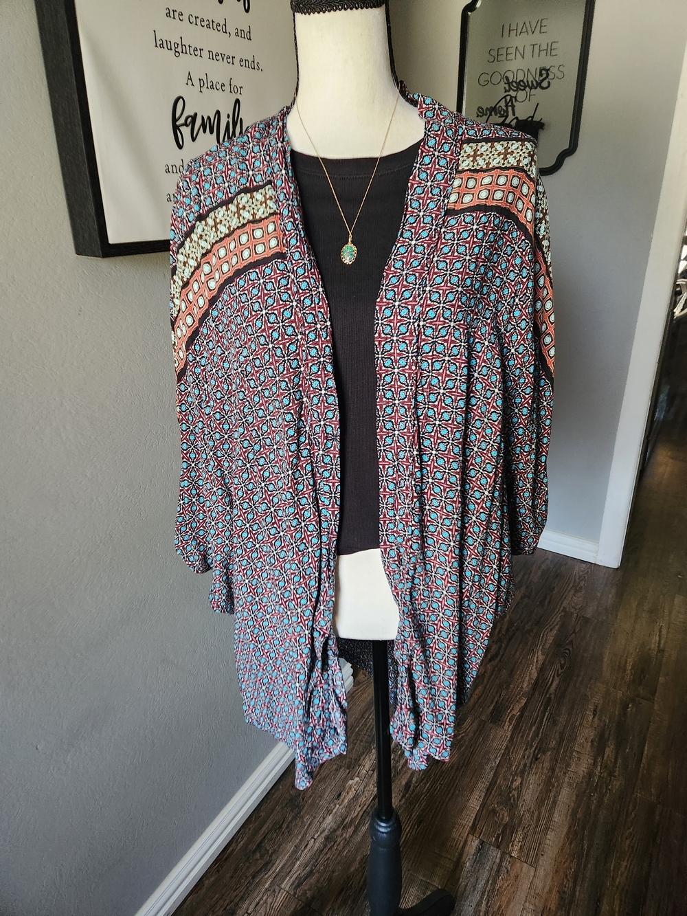 Victoria's Secrey Open-Front Kimono Cardigan - Coral, Teal & Black